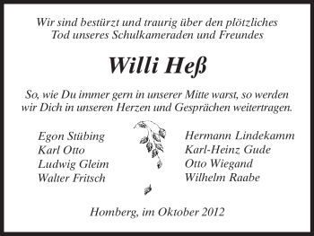 Todesanzeige von Willi Heß von HNA