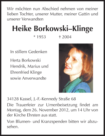 Todesanzeige von Heike Borkowski-Klinge von HNA