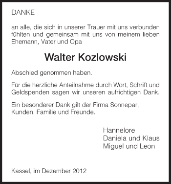 Todesanzeige von Walter Kozlowski von HNA