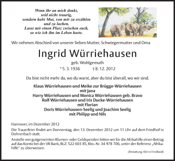 Todesanzeige von Ingrid Würriehausen von HNA