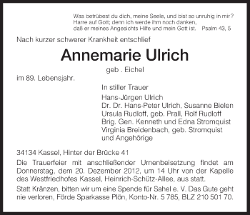 Todesanzeige von Annemarie Ulrich von HNA