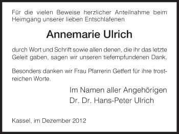 Todesanzeige von Annemarie Ulrich von HNA