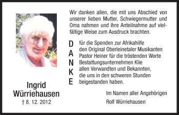 Todesanzeige von Ingrid Würriehausen von HNA