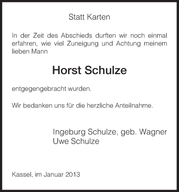 Todesanzeige von Horst Schulze von HNA