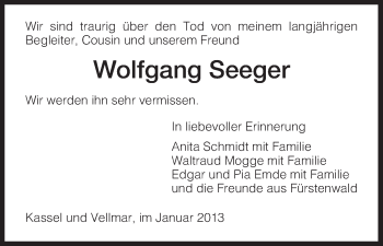 Todesanzeige von Wolfgang Seeger von HNA