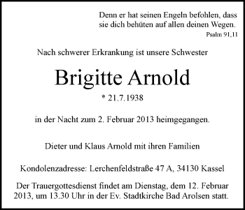 Todesanzeige von Brigitte Arnold von HNA