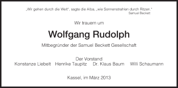 Todesanzeige von Wolfgang Rudolph von HNA