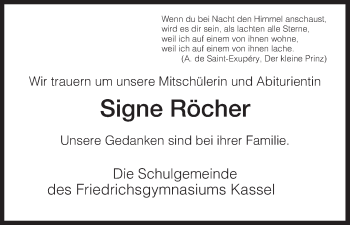 Todesanzeige von Signe Röcher von HNA