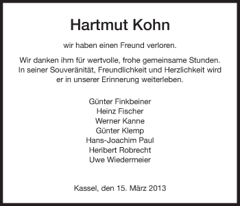 Todesanzeige von Hartmut Kohn von HNA