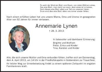 Todesanzeige von Annemarie Lynen von HNA