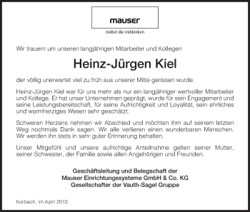 Todesanzeige von Heinz-Jürgen Kiel von HNA