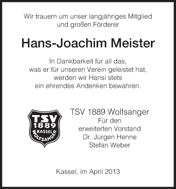 Todesanzeige von Hans-Joachim Meister von HNA