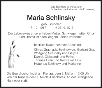 Todesanzeige von Maria Schlinsky von HNA