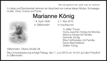 Todesanzeige von Marianne König von HNA