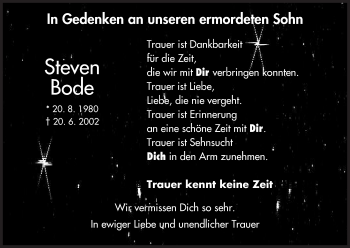 Todesanzeige von Steven Bode von HNA