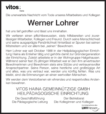 Todesanzeige von Werner Lohrer von HNA