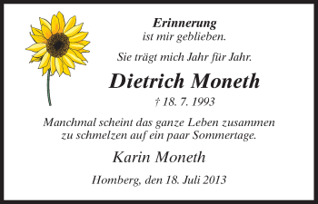 Todesanzeige von Dietrich Moneth von HNA