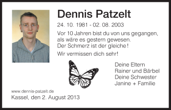 Todesanzeige von Dennis Pazelt von HNA