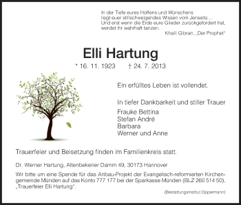 Todesanzeige von Elli Hartung von HNA