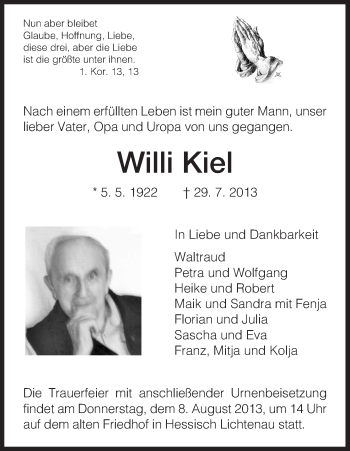 Todesanzeige von Willi Kiel von HNA