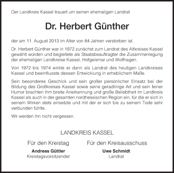 Todesanzeige von Herbert Günther von HNA