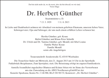 Todesanzeige von Herbert Günther von HNA