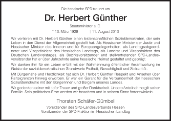 Todesanzeige von Herbert Günther von HNA