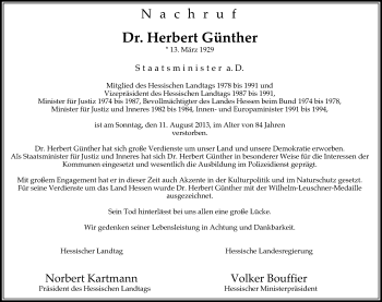 Todesanzeige von Herbert Günther von HNA