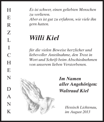 Todesanzeige von Willi Kiel von HNA