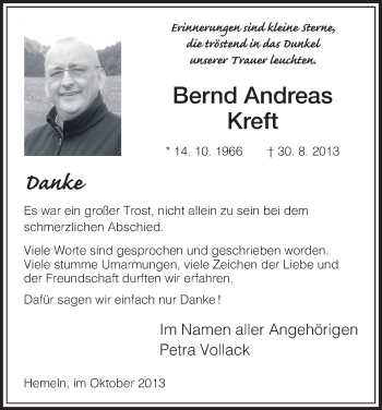 Todesanzeige von Bernd Andreas Kreft von HNA