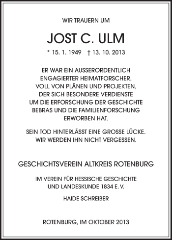 Todesanzeige von Jost Ulm von HNA