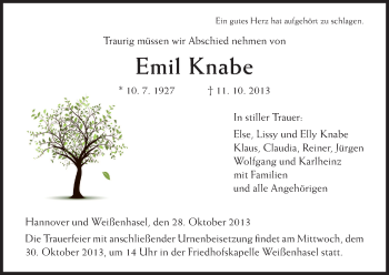 Todesanzeige von Emil Knabe von HNA