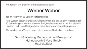 Todesanzeige von Werner Weber von HNA