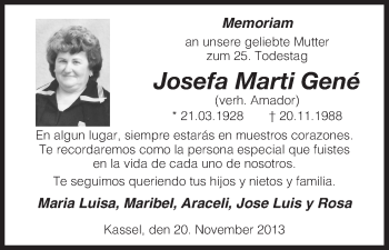 Todesanzeige von Josefa Marti Gene von HNA