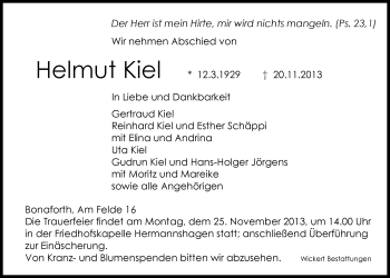 Todesanzeige von Helmut Kiel von HNA