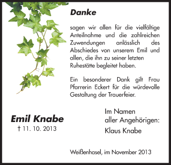 Todesanzeige von Emil Knabe von HNA