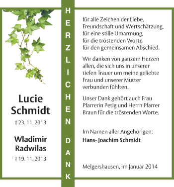 Todesanzeige von Lucie Schmidt von HNA