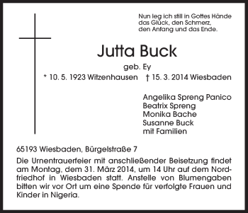 Todesanzeige von Jutta Buck von HNA