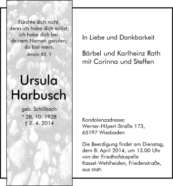 Todesanzeige von Ursula Harbusch von HNA