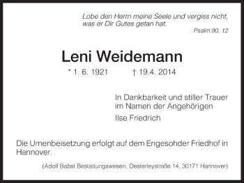 Todesanzeige von Leni Weidemann von HNA