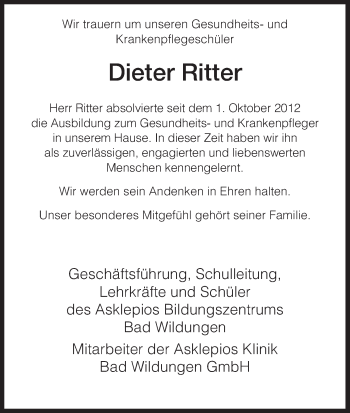 Todesanzeige von Dieter Ritter von HNA