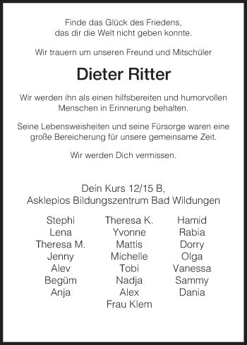 Todesanzeige von Dieter Ritter von HNA