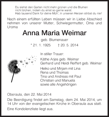 Todesanzeige von Anna Maria Weimar von HNA