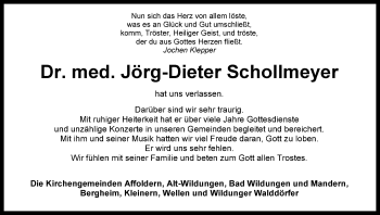 Todesanzeige von Jörg-Dieter Schollmeyer von HNA