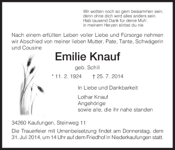 Todesanzeige von Emilie Knauf von HNA