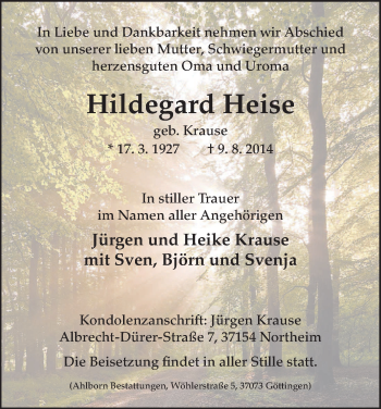 Todesanzeige von Hildegard Heise von HNA
