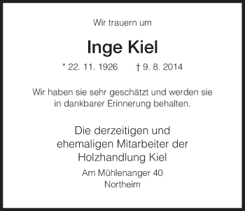 Todesanzeige von Inge Kiel von HNA