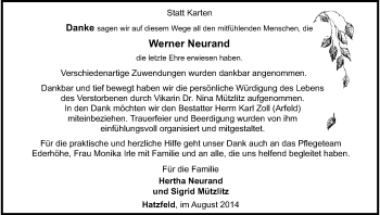 Todesanzeige von Werner Neurand von HNA