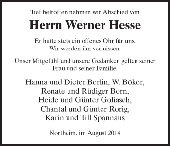 Todesanzeige von Werner Hesse von HNA