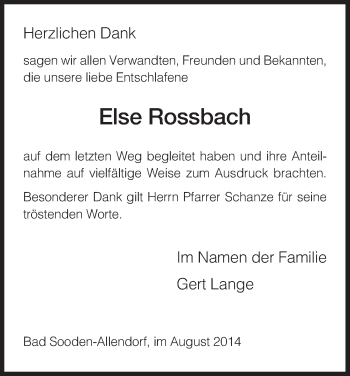 Todesanzeige von Else Rossbach von HNA